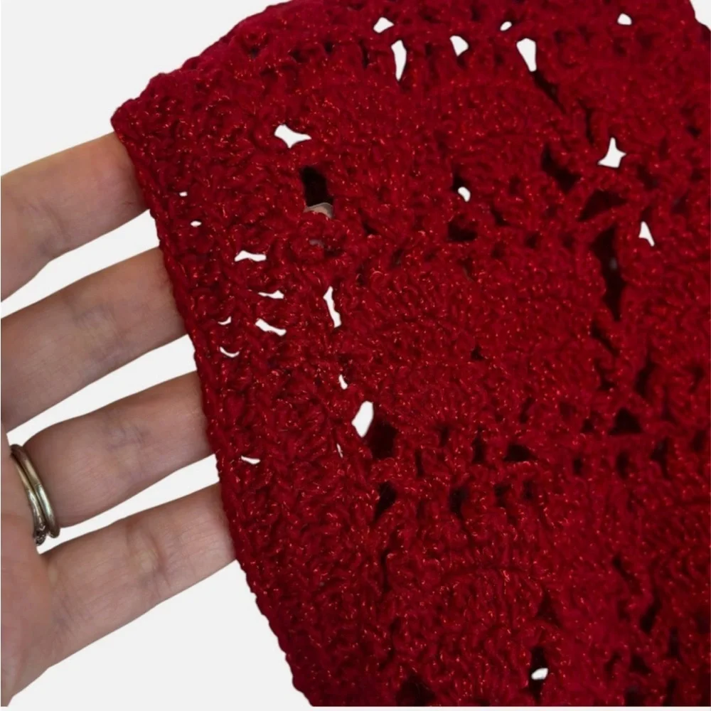 Red Crochet Lace Top VTG Handmade Sweater Vest M Parisian Vintage Artisan Boho
